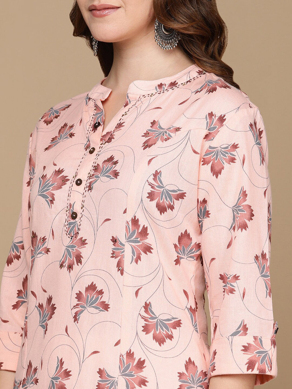 HERE&NOW Pink & Maroon Floral Printed Pure Cotton Kurta | Grocsy