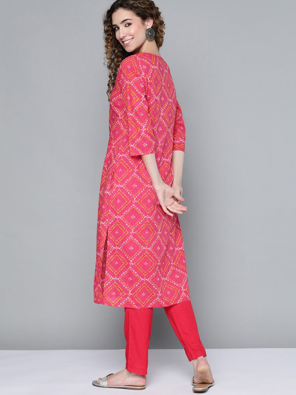HERE&NOW Women Pink & White Bandhani Printed Kurta | Grocsy