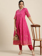 Sangria Women Pink & Golden Ethnic Motifs Printed Keyhole Neck Kurta | Grocsy