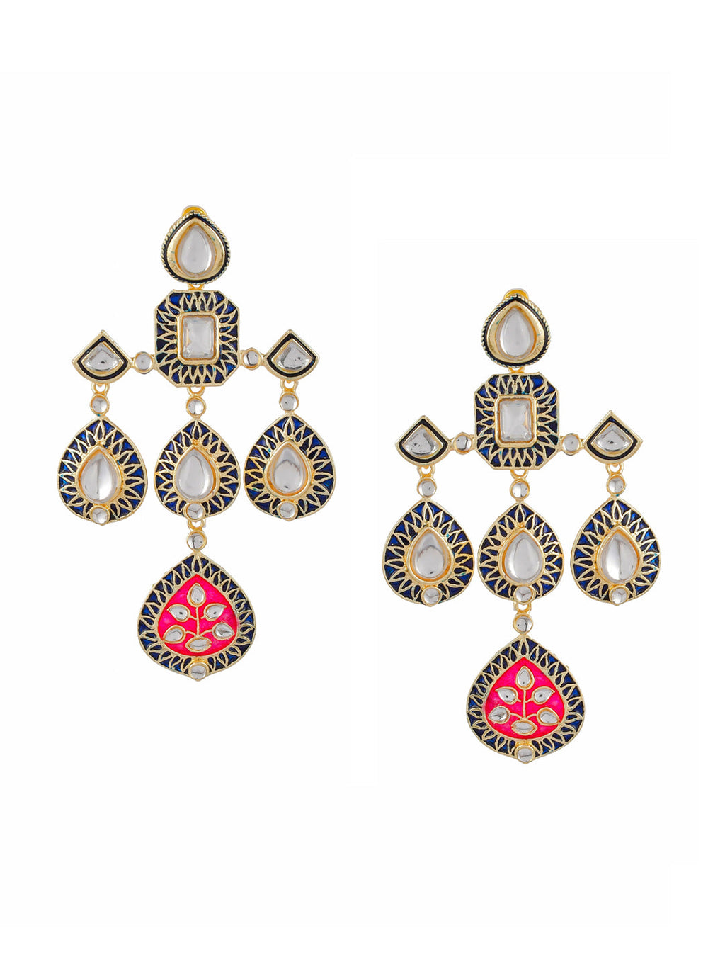 Shoshaa Gold-Polished Balck & Pink Kundan Enamel Drop Earrings | Grocsy