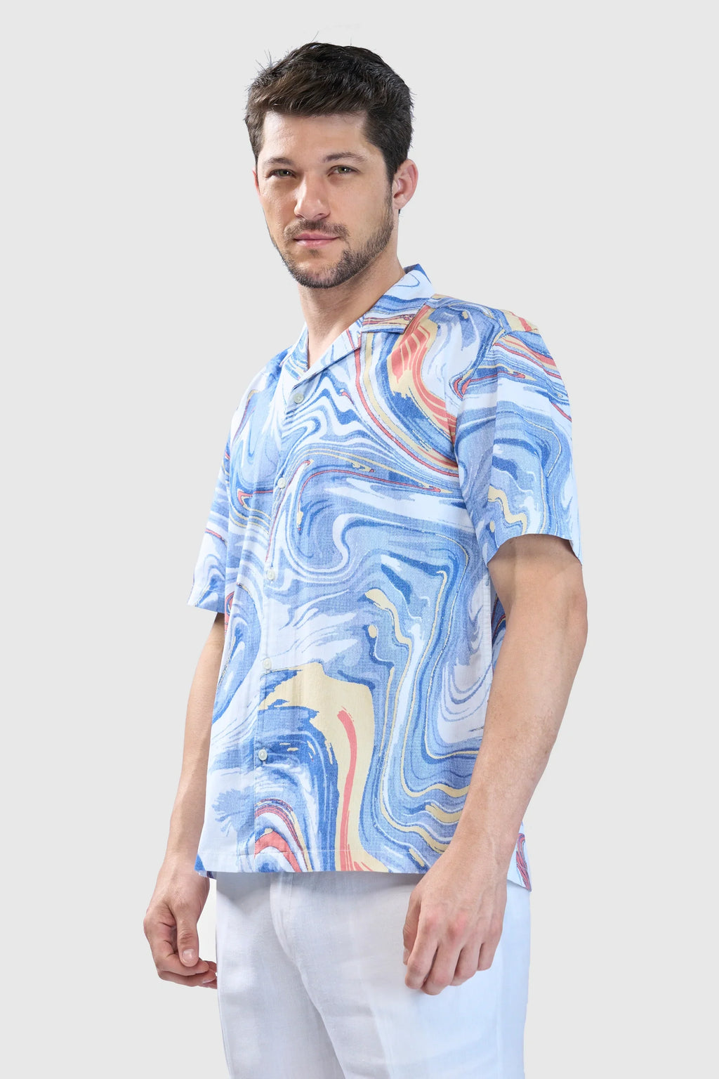Xkind Blue Fine Cord Drop Shoulder Printed Relaxed Fit Shirt | Grocsy
