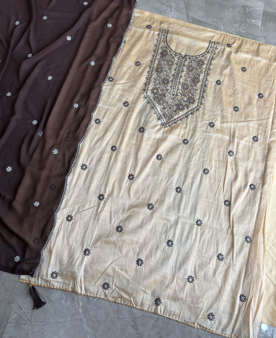 KC Khadi Cotton White Suit With Brown Dupatta 3 Piece Pair For Women | Grocsy