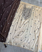 KC Khadi Cotton White Suit With Brown Dupatta 3 Piece Pair For Women | Grocsy