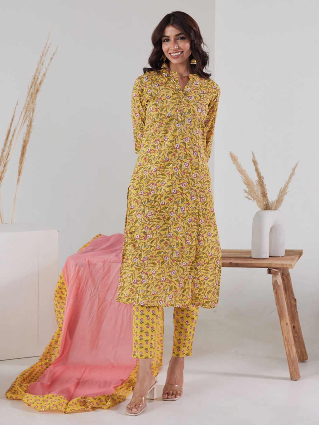 HERE&NOW Ethnic Motifs Printed Sequinned Kurta With Trousers & With Dupatta | Grocsy