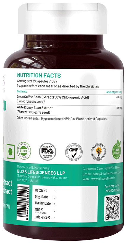 Bliss Welness Weight Management Carb Controller Green Coffee Bean Extract Veg Capsule | Grocsy