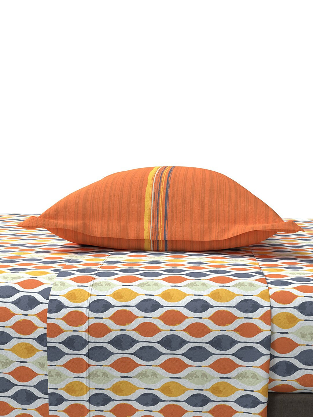 MYTRIDENT Orange White Geometric Cotton 144 TC Queen Bedsheet With 2 Pillow Covers | Grocsy