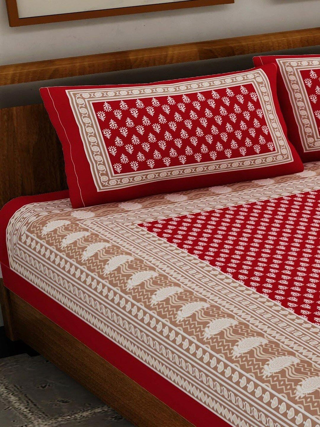 UNIQCHOICE Red & White Ethnic Motifs Pure Cotton 120 TC Queen Bedsheet & 2 Pillow Covers | Grocsy