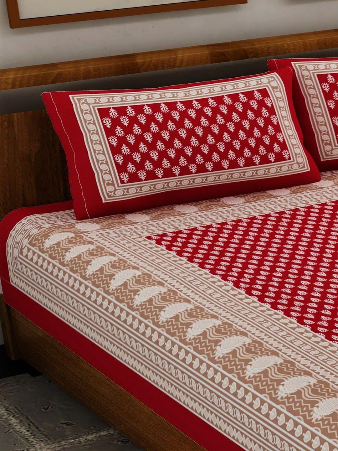 UNIQCHOICE Red & White Ethnic Motifs Pure Cotton 120 TC Queen Bedsheet & 2 Pillow Covers | Grocsy