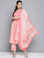 HERE&NOW Women Pink Floral Printed Pure Cotton Kurta with Palazzos & With Dupatta | Grocsy