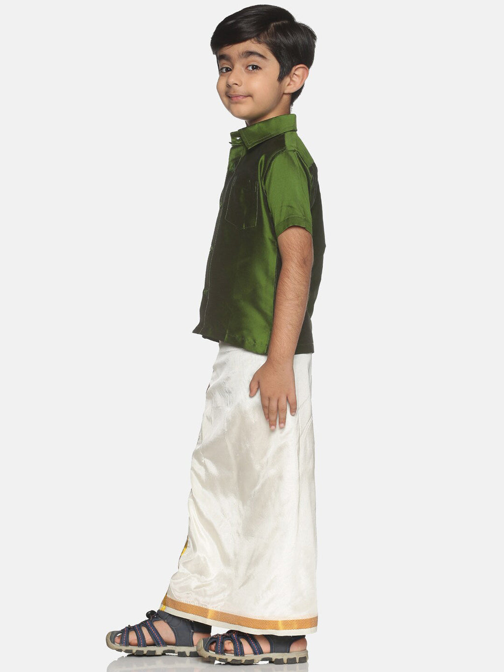Sethukrishna Olive Green & White Solid Shirt and Veshti Set For Boys | Grocsy
