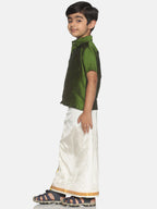 Sethukrishna Olive Green & White Solid Shirt and Veshti Set For Boys | Grocsy