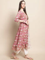 Sangria Pink Floral Printed Yoke Embroidered Pure Cotton Kurta With Trouser & Dupatta | Grocsy