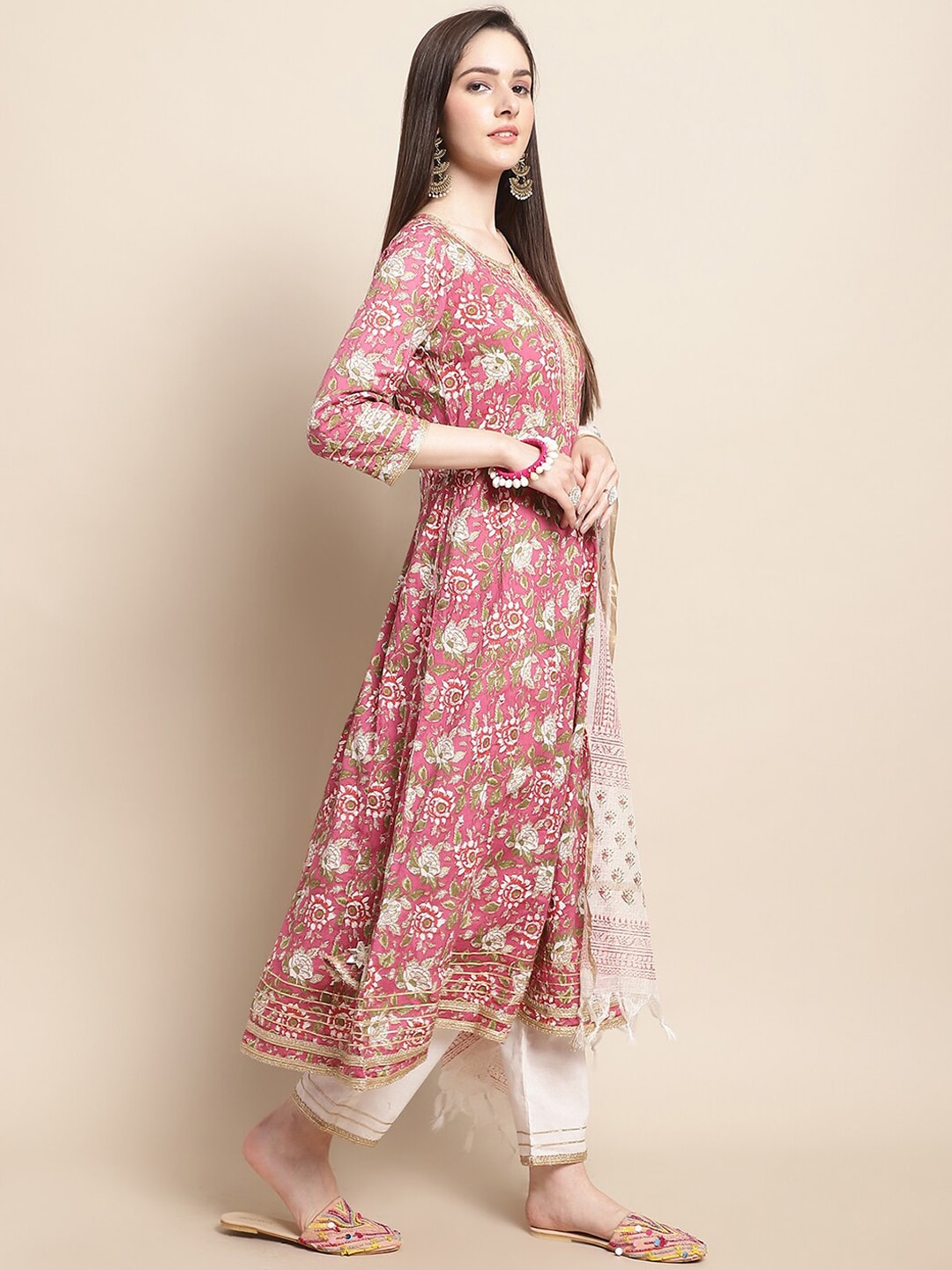 Sangria Pink Floral Printed Yoke Embroidered Pure Cotton Kurta With Trouser & Dupatta | Grocsy