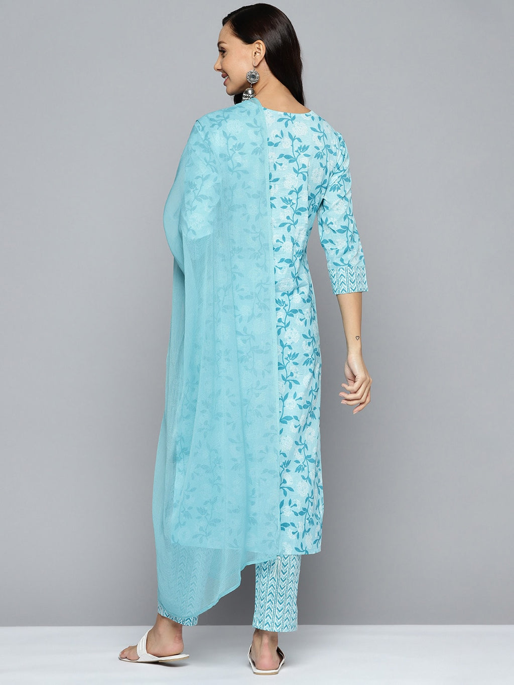 HERE&NOW Women Blue Floral Printed Regular Pure Cotton Kurta with Trousers & With Dupatta | Grocsy