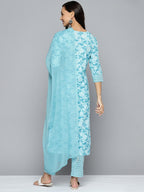 HERE&NOW Women Blue Floral Printed Regular Pure Cotton Kurta with Trousers & With Dupatta | Grocsy