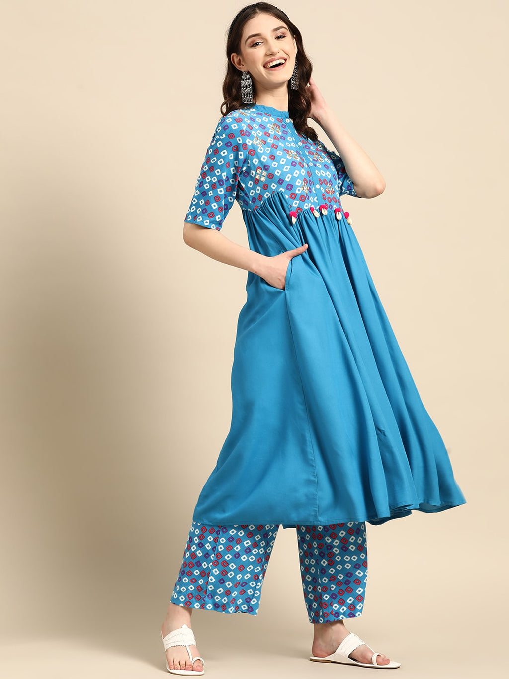 Sangria Women Bandhani Printed Kurta with Palazzos & Scarf | Grocsy