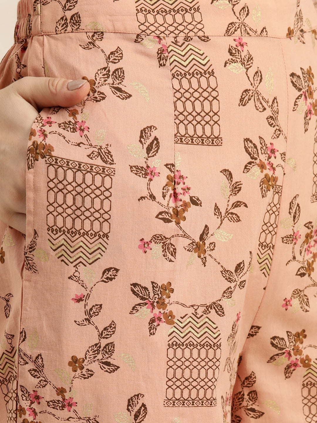 Sangria Women Dusty Pink & Brown Pure Cotton Printed Kurta with Palazzos & Dupatta | Grocsy