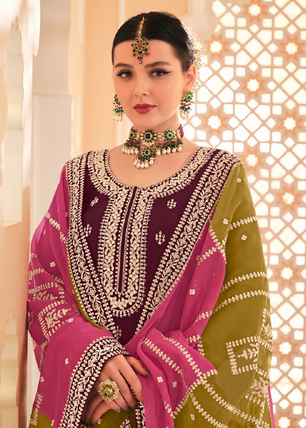 Dazzling Wine Embroidered Chinnon Palazzo Salwar Kurta - Emponline | Grocsy