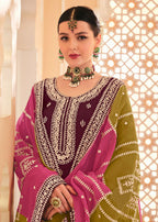 Dazzling Wine Embroidered Chinnon Palazzo Salwar Kurta - Emponline | Grocsy