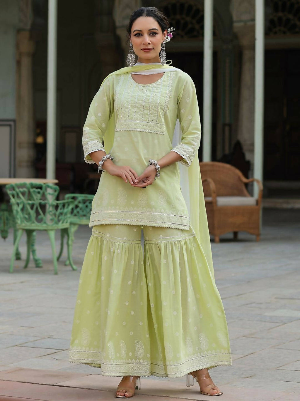 Juniper Women's Lime Green Cambric Floral Print Kurta Sharara Sets | Grocsy