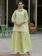 Juniper Women's Lime Green Cambric Floral Print Kurta Sharara Sets | Grocsy
