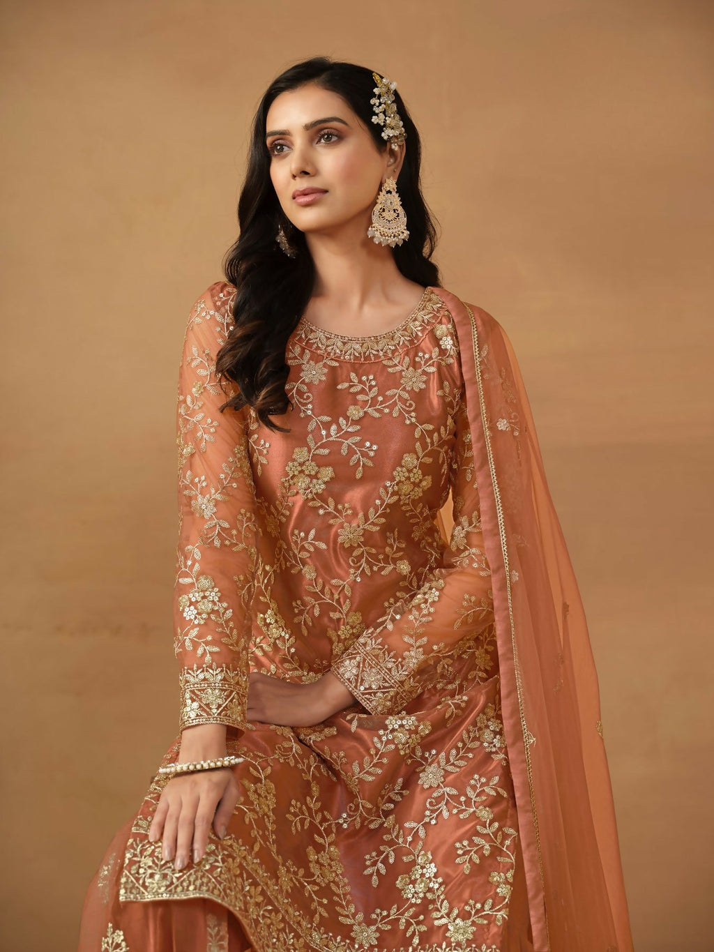 Anaita Brown Embroidered Net Salwar Suit | Grocsy