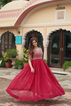 Vastranavya Faux Blooming with Embroidery Zari Sequins-work Gown - Pink | Grocsy