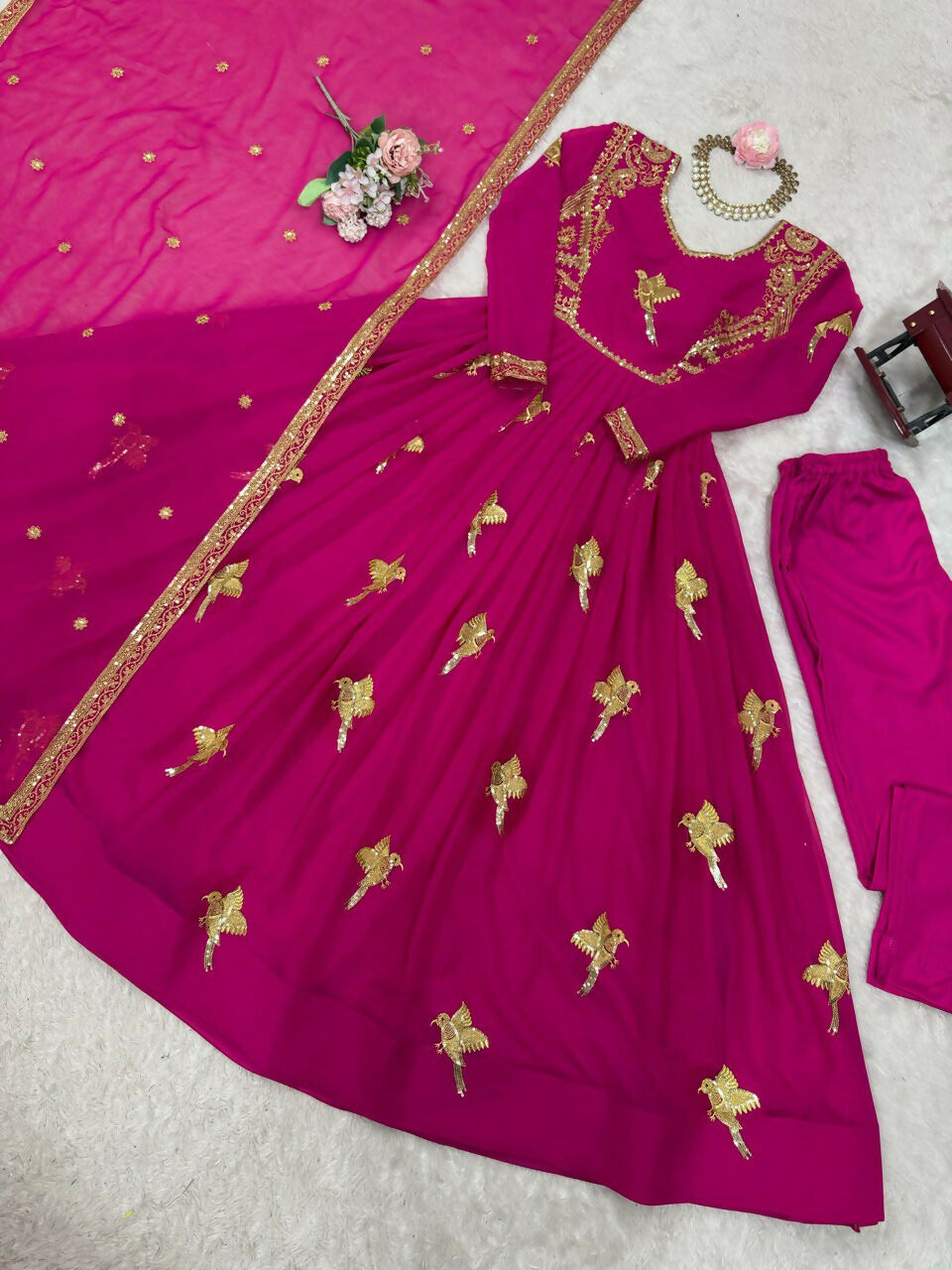 The52 Women's Gorgeous Faux Georgette Fabric Embroidery Work Flared Anarkali Pant and Dupatta Set | Grocsy