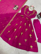 The52 Women's Gorgeous Faux Georgette Fabric Embroidery Work Flared Anarkali Pant and Dupatta Set | Grocsy