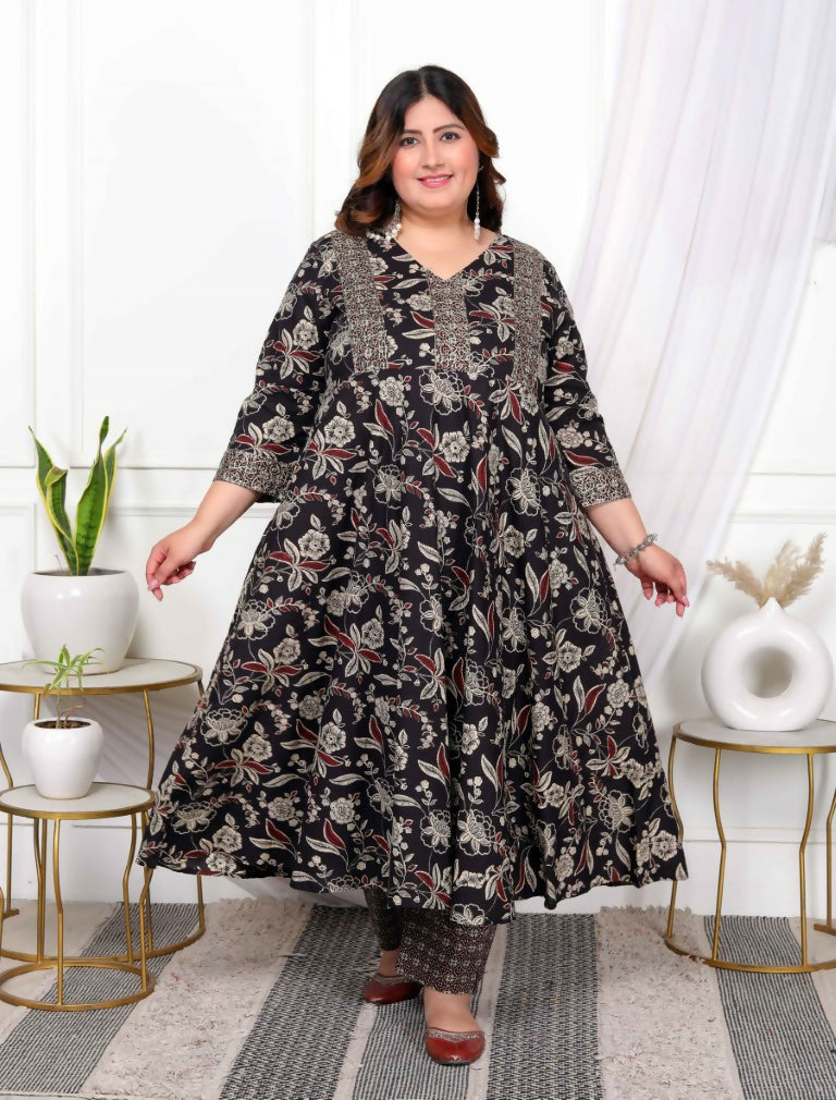 Miravan Women's Plus Size Yoke Embroidery Multi Anarkali Kurta and Palazzo Set | Grocsy