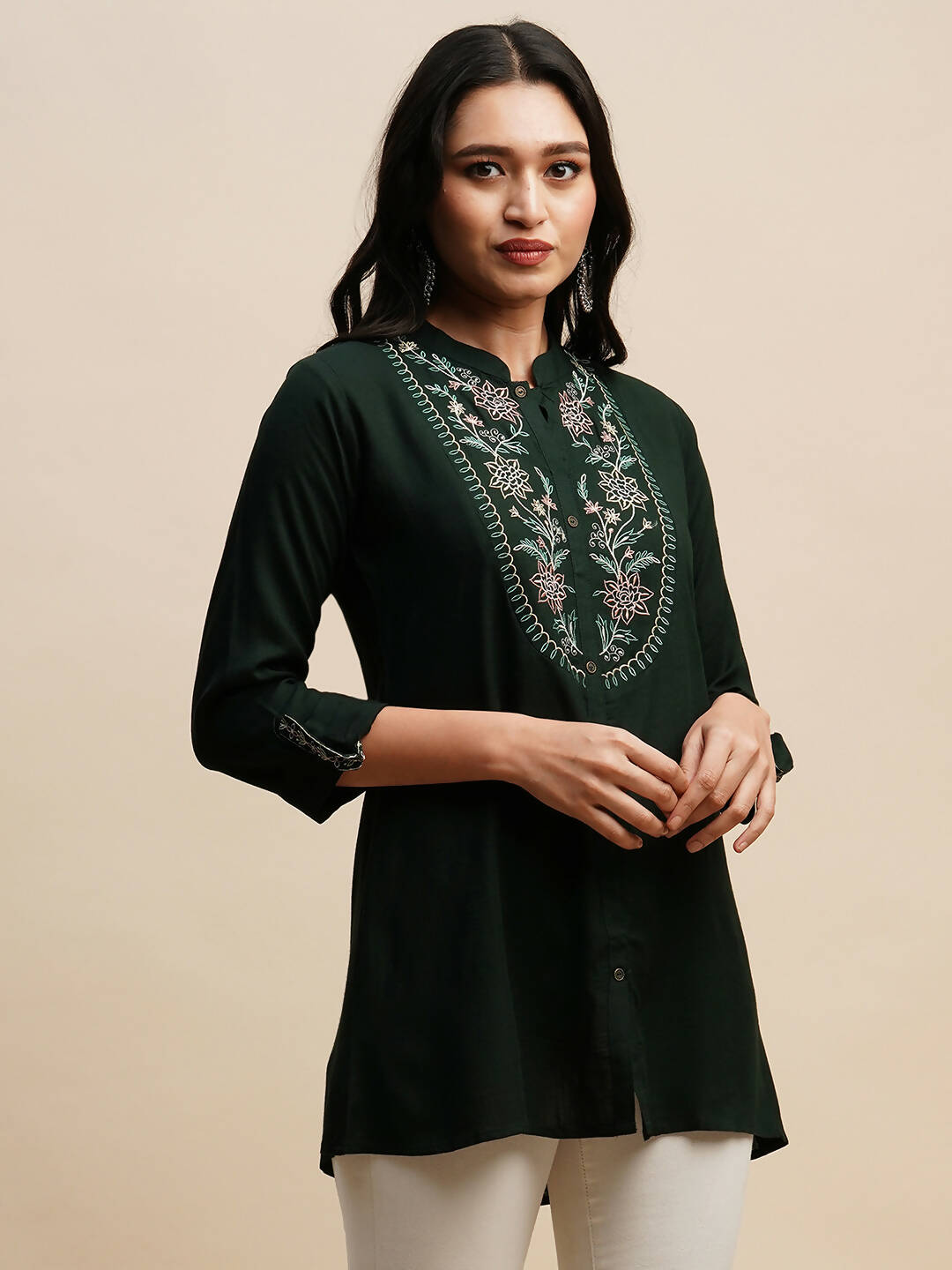 Dark Green Rayon Embroidered Top - Tarini | Grocsy