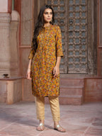 Juniper Mustard Floral Printed Muslin Kurta With Tassels & A Pleat At Front | Grocsy