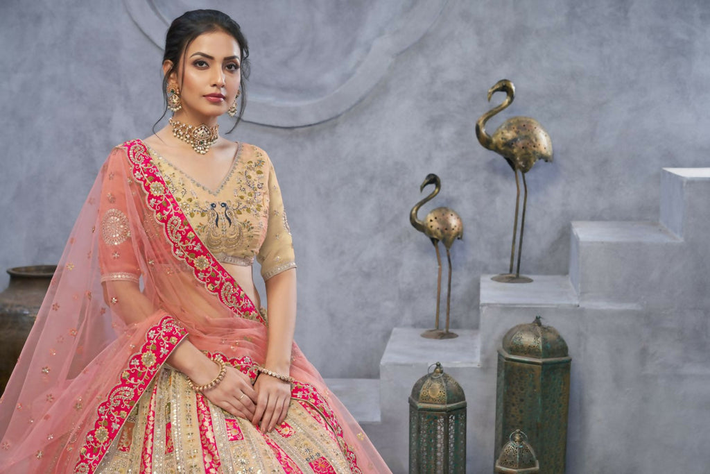 Kesar Fab Chiku Organza Embroidered Lehenga | Grocsy
