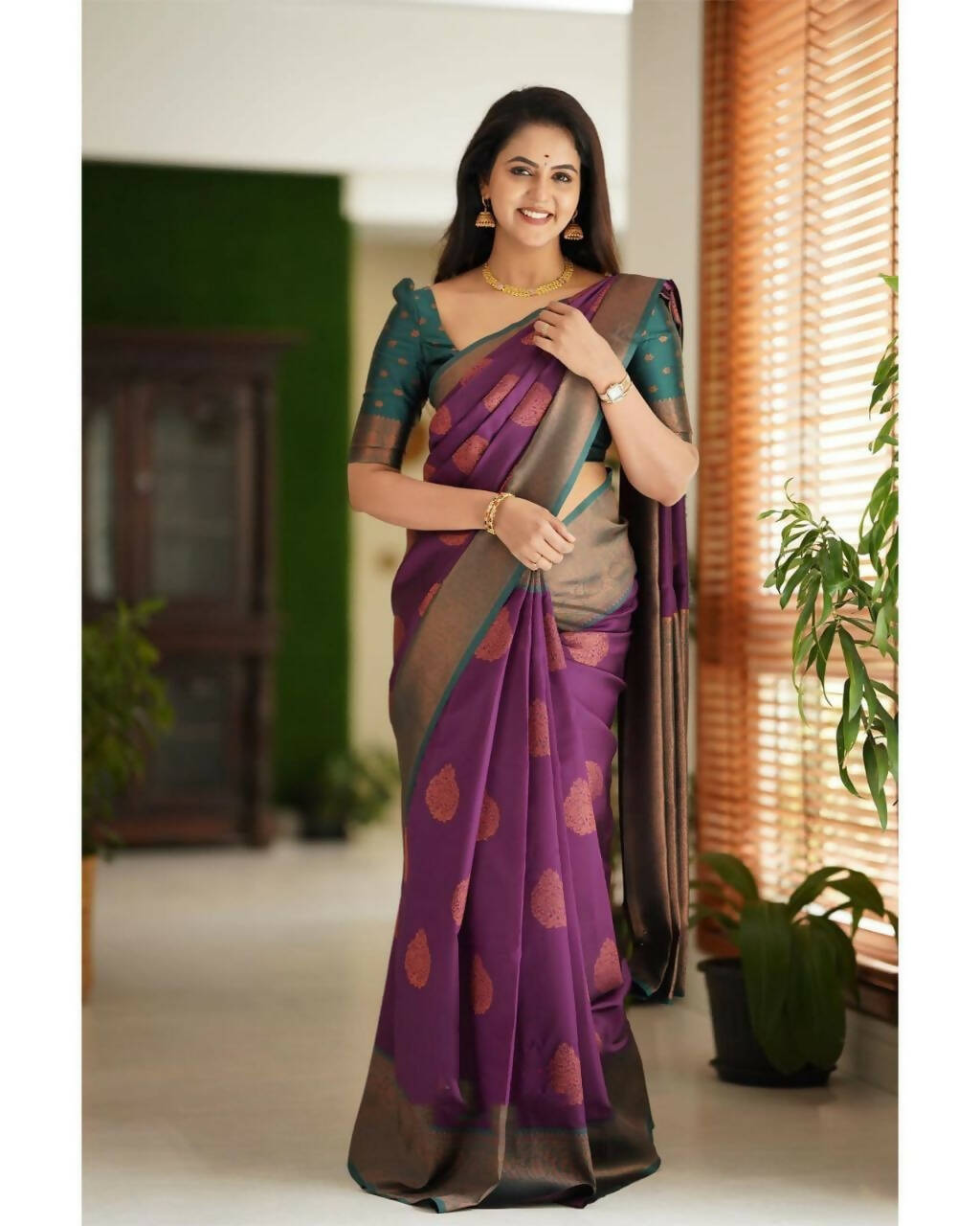 DEIANA'S Beautiful Designer Golden zari Soft Lichi Silk Saree - Majenta | Grocsy