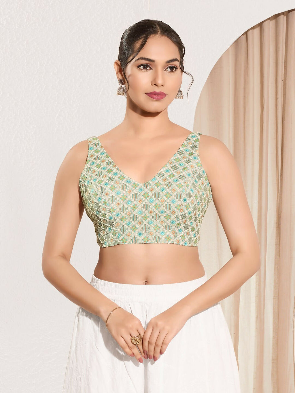 Joban Fashion Pista Green Jacquard Padded Blouse With V Neck Sleeveless | Grocsy