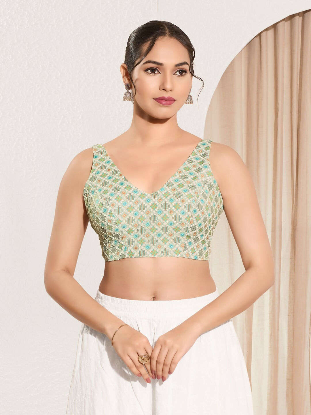 Joban Fashion Pista Green Jacquard Padded Blouse With V Neck Sleeveless | Grocsy
