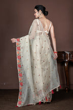 Morchari Beige Supernet Cross Embroidery Saree Unstitched Blouse | Grocsy