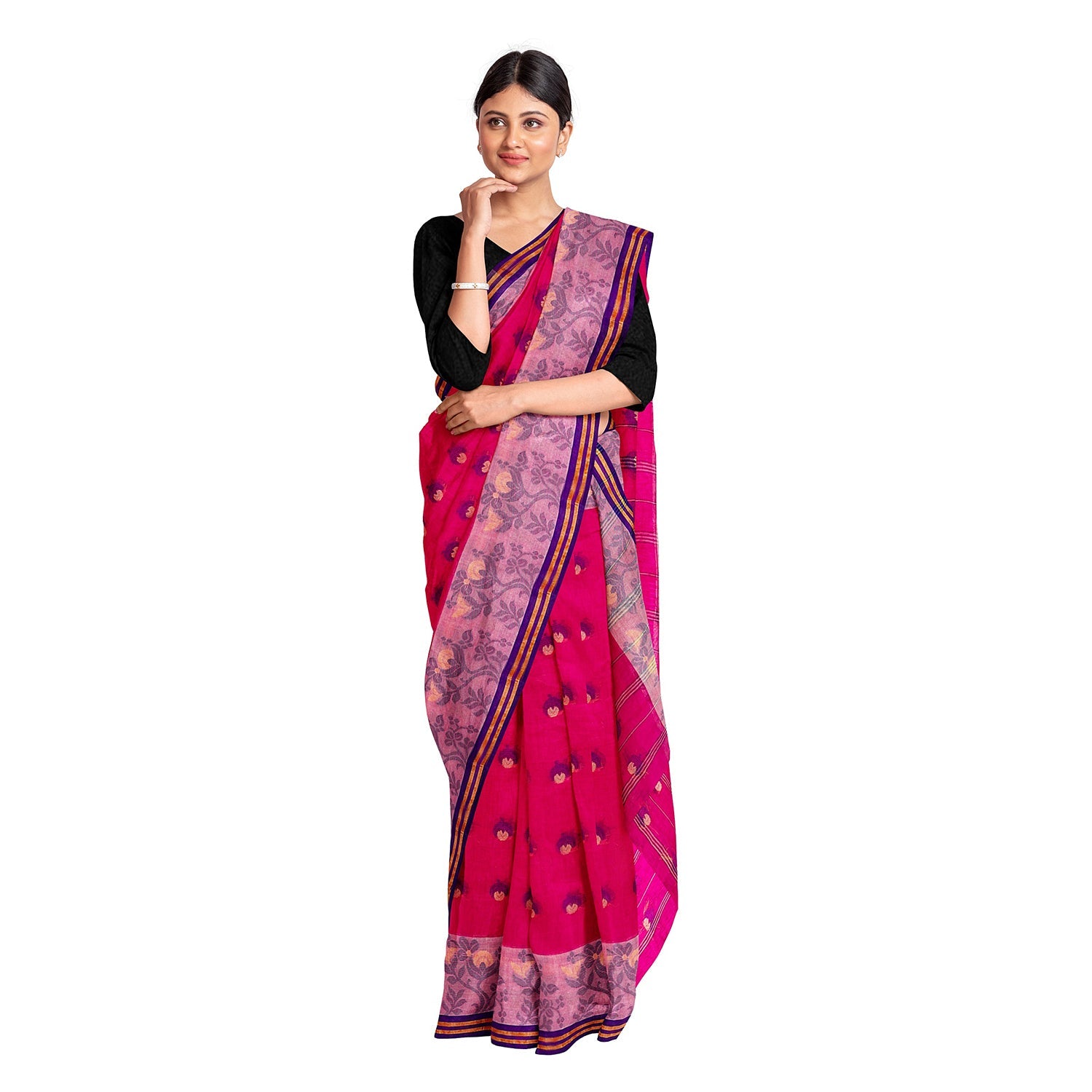 Exclusive Collection 100% Pure Cotton Pink Tant Saree With Hand Weaving Work | Grocsy