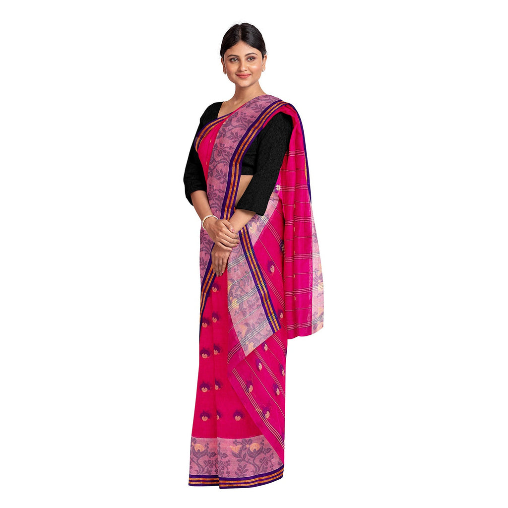 Exclusive Collection 100% Pure Cotton Pink Tant Saree With Hand Weaving Work | Grocsy