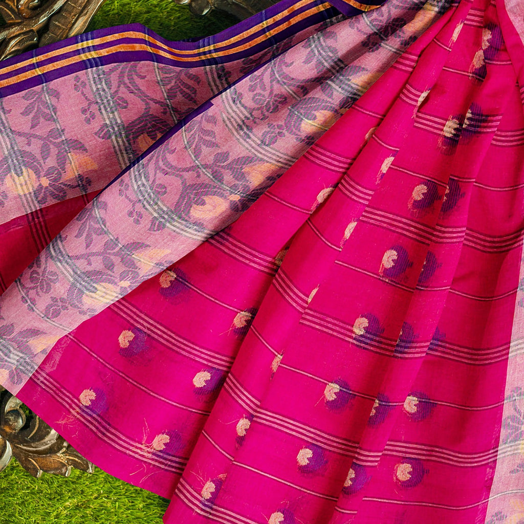 Exclusive Collection 100% Pure Cotton Pink Tant Saree With Hand Weaving Work | Grocsy