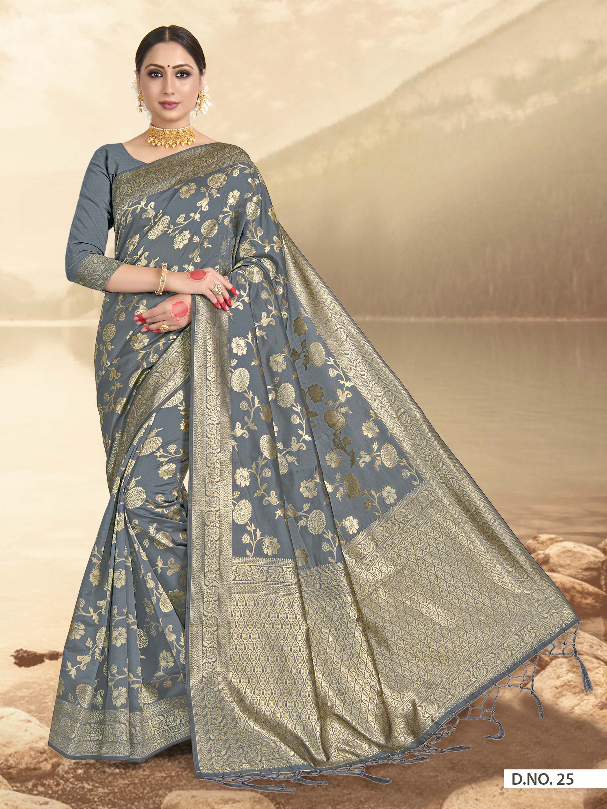 Vardha Steel Grey Woven Banarasi Saree | Grocsy