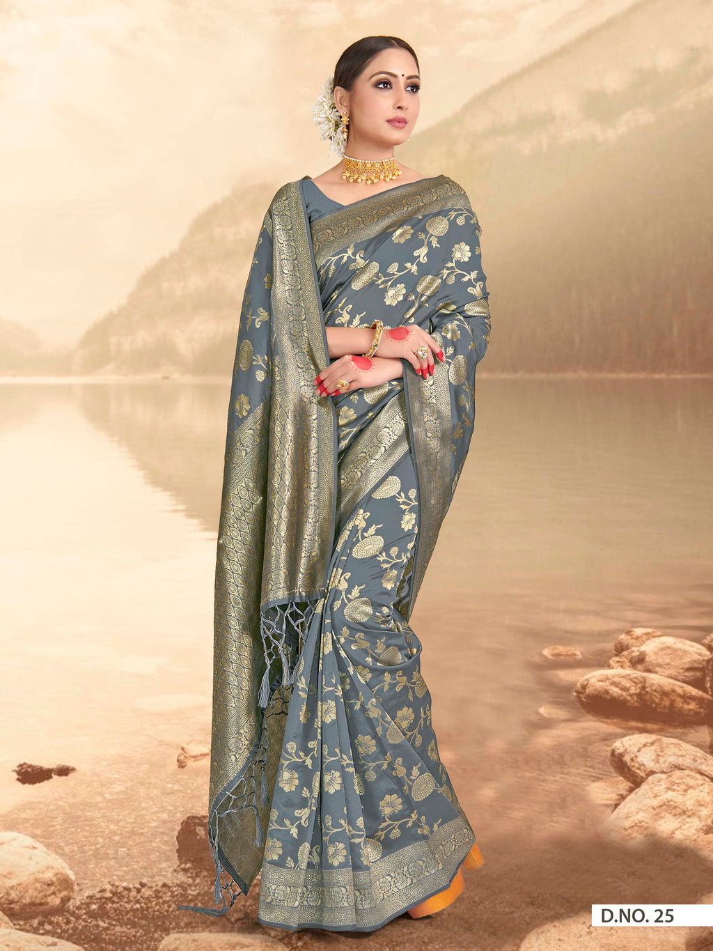 Vardha Steel Grey Woven Banarasi Saree | Grocsy