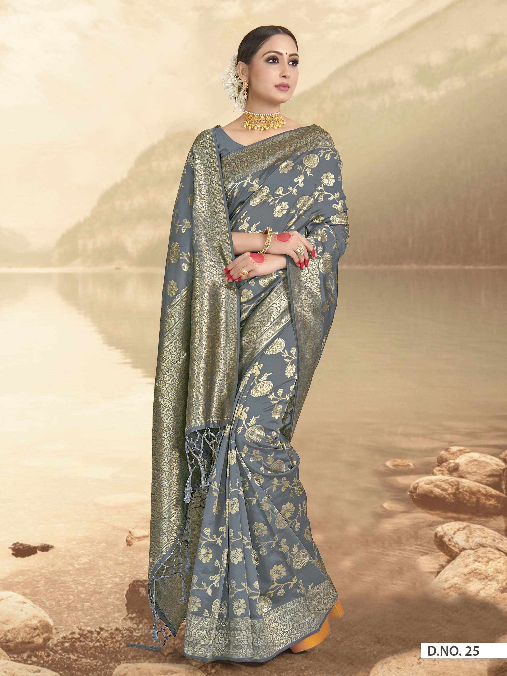 Vardha Steel Grey Woven Banarasi Saree | Grocsy