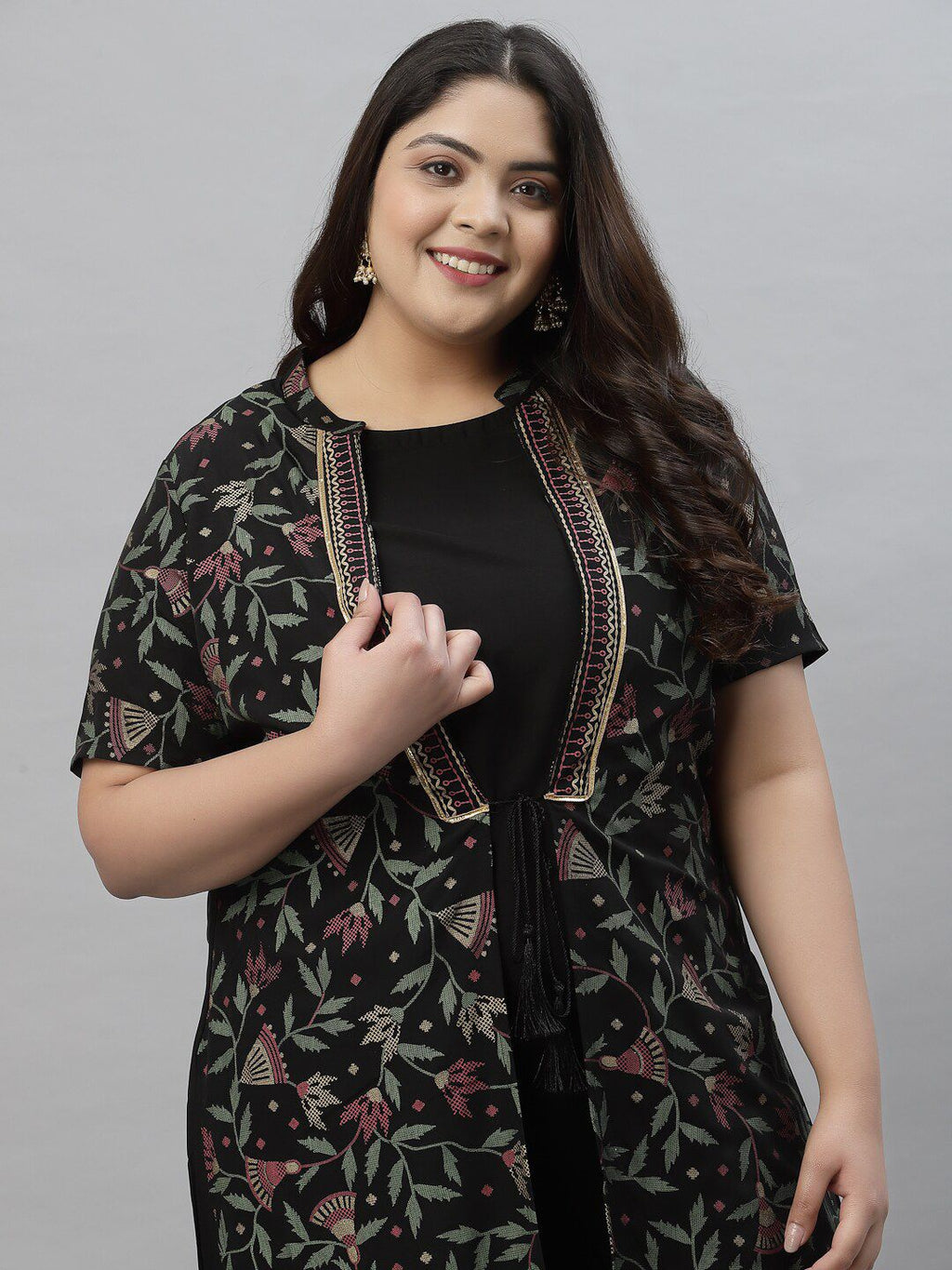 Sztori Plus Size Floral Printed Mandarin Collar Foil Printed A-Line Kurta With Trouser | Grocsy