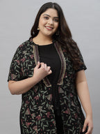 Sztori Plus Size Floral Printed Mandarin Collar Foil Printed A-Line Kurta With Trouser | Grocsy