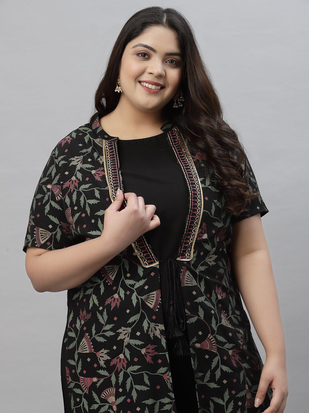 Sztori Plus Size Floral Printed Mandarin Collar Foil Printed A-Line Kurta With Trouser | Grocsy