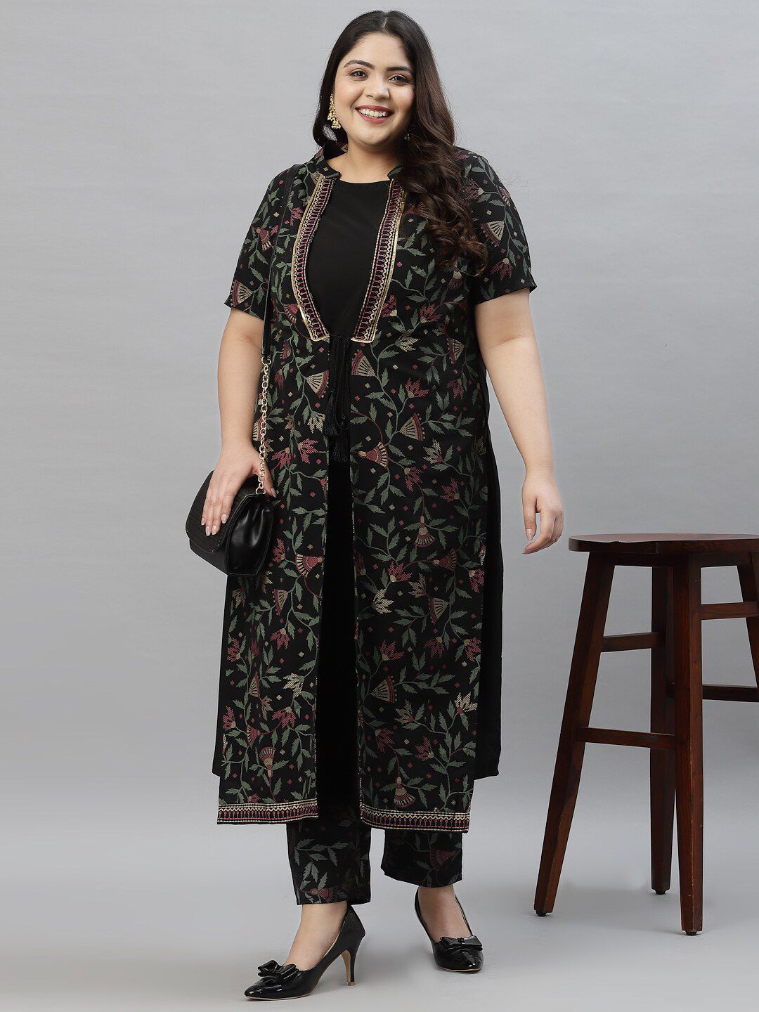 Sztori Plus Size Floral Printed Mandarin Collar Foil Printed A-Line Kurta With Trouser | Grocsy