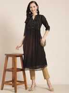 Juniper Womens Black Georgette Printed Pintucks A-Line Kurta | Grocsy