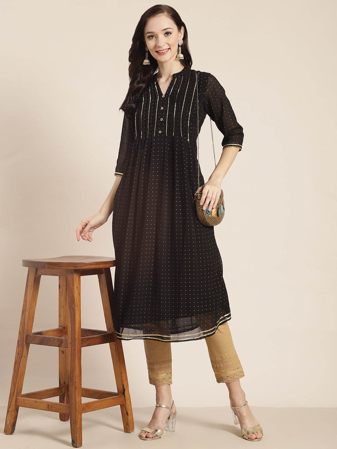 Juniper Womens Black Georgette Printed Pintucks A-Line Kurta | Grocsy