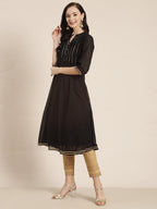 Juniper Womens Black Georgette Printed Pintucks A-Line Kurta | Grocsy